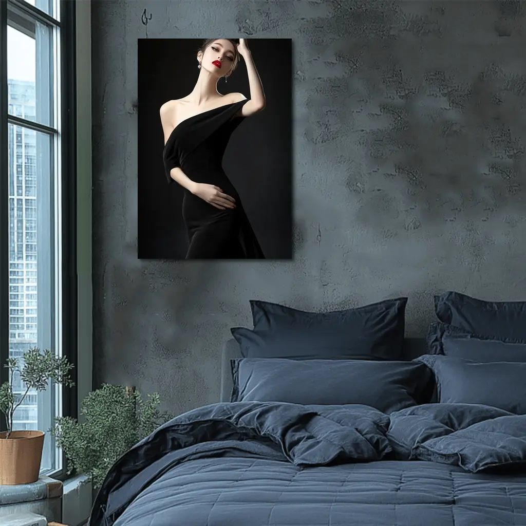 Elegant Woman Black Dress Dark Background – Wall Art