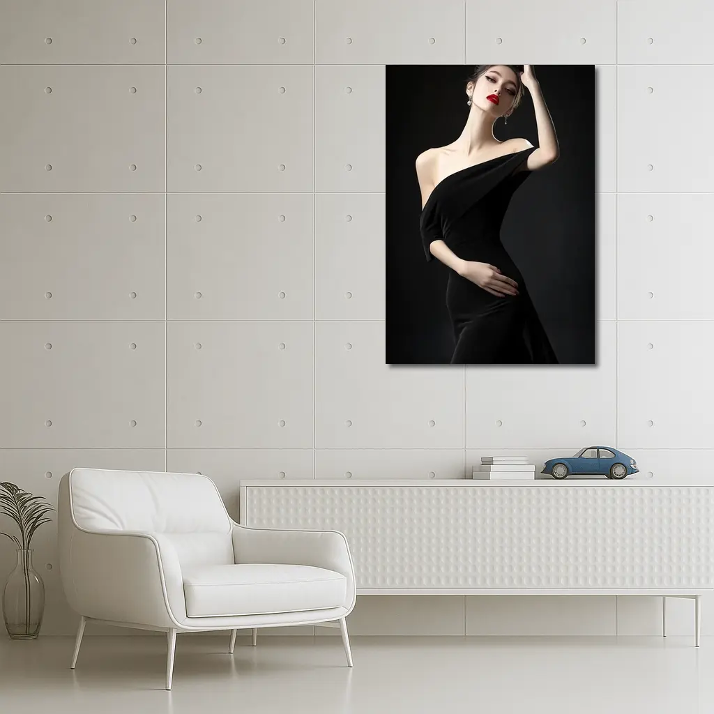 Elegant Woman Black Dress Dark Background – Wall Art