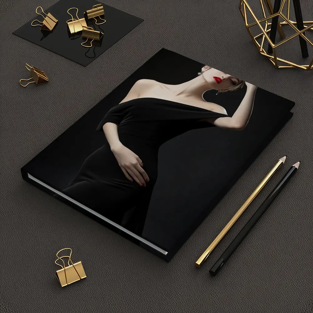 Elegant Woman Black Dress Dark Background – Notebooks