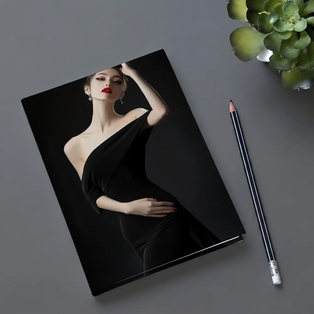 Elegant Woman Black Dress Dark Background – Notebooks