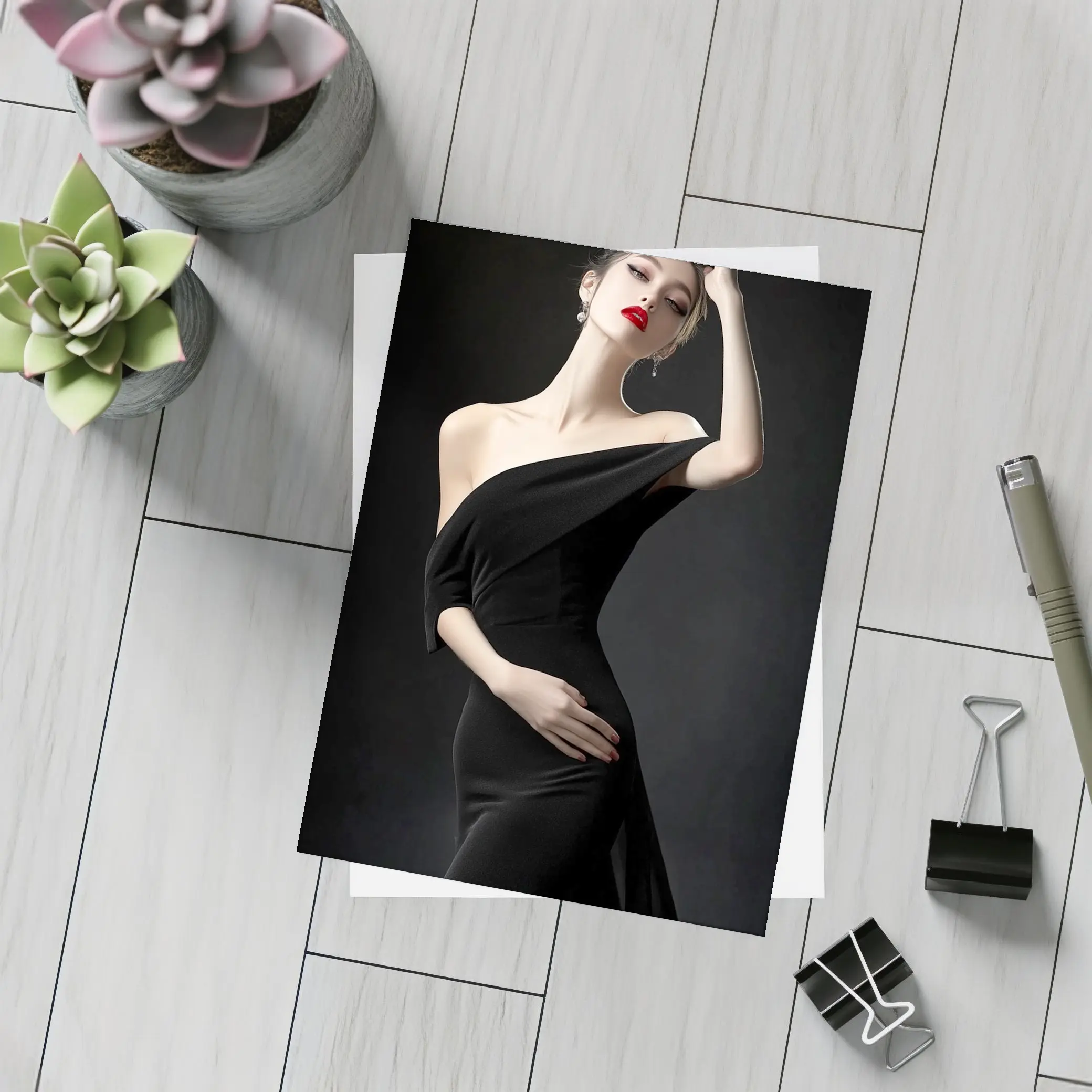Elegant Woman Black Dress Dark Background – Postcards