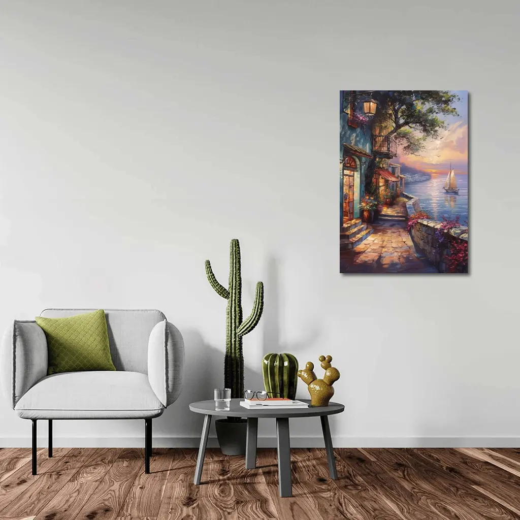 Mediterranean Coastal Village Sunset Sailboat Painting – Wall Art