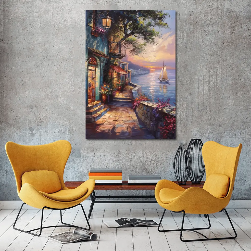 Mediterranean Coastal Village Sunset Sailboat Painting – Wall Art