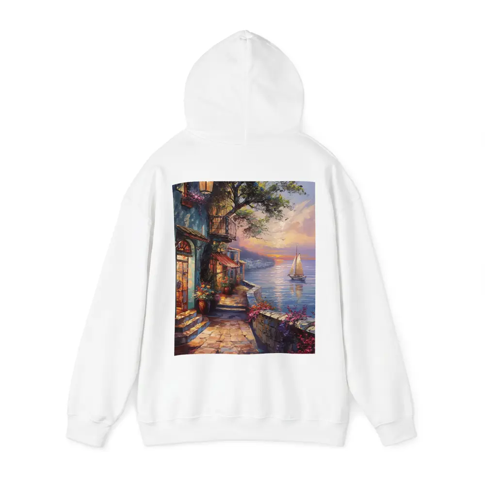 Mediterranean Coastal Village Sunset Sailboat Painting – Hoodies