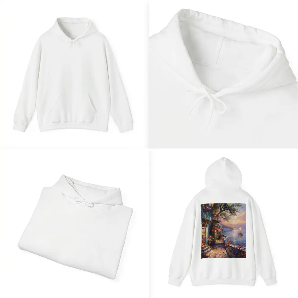 Mediterranean Coastal Village Sunset Sailboat Painting – Hoodies