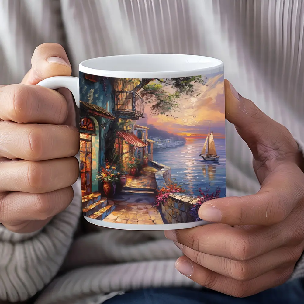 Mediterranean Coastal Village Sunset Sailboat Painting – Mugs