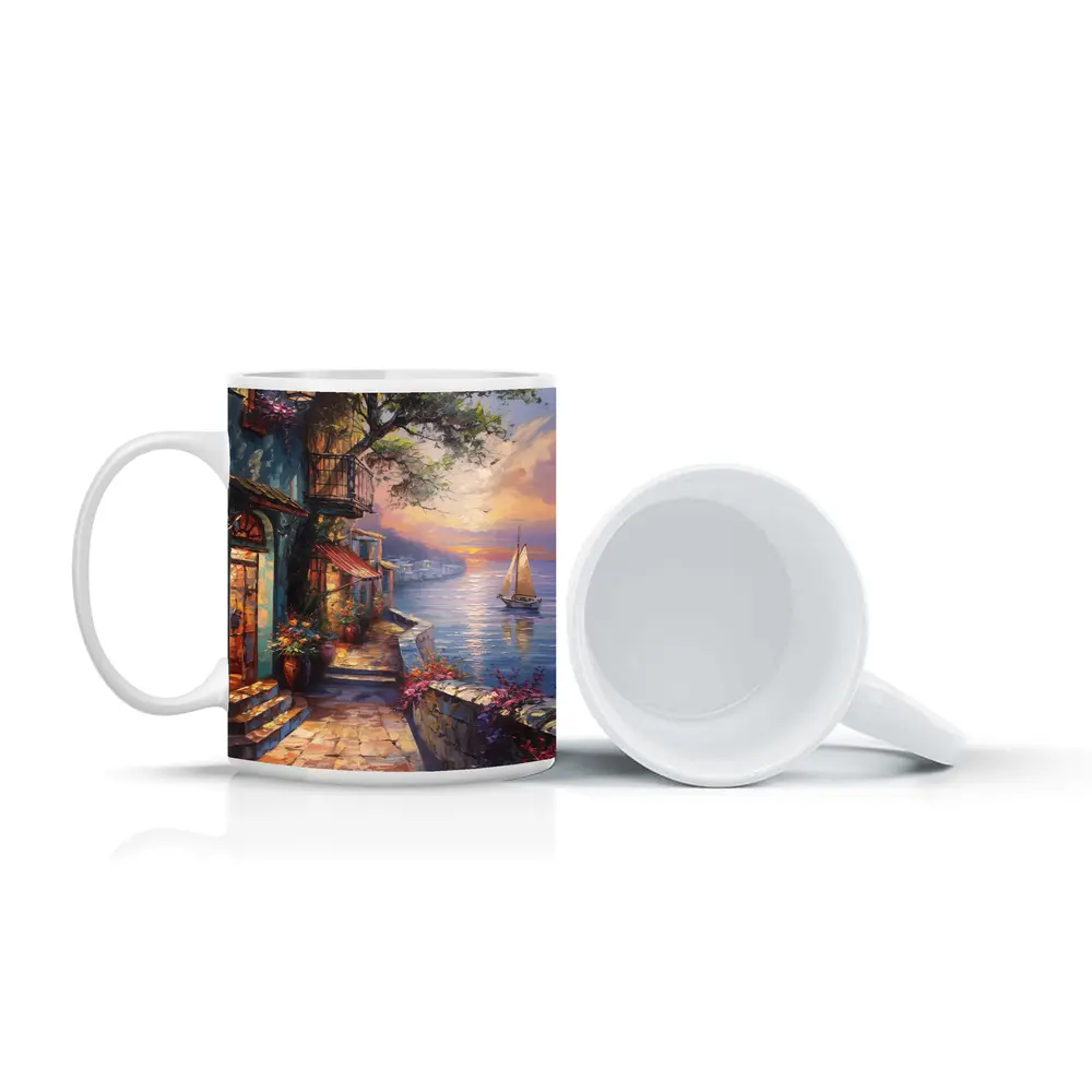 Mediterranean Coastal Village Sunset Sailboat Painting – Mugs