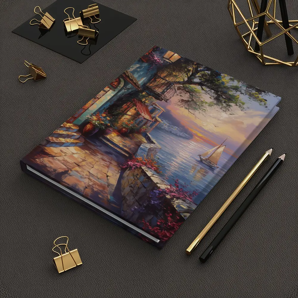 Mediterranean Coastal Village Sunset Sailboat Painting – Notebooks
