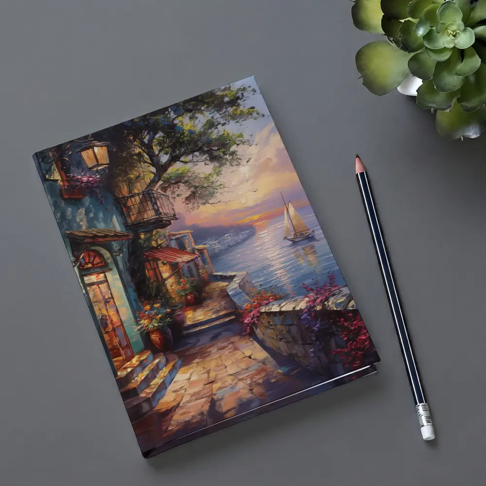 Mediterranean Coastal Village Sunset Sailboat Painting – Notebooks
