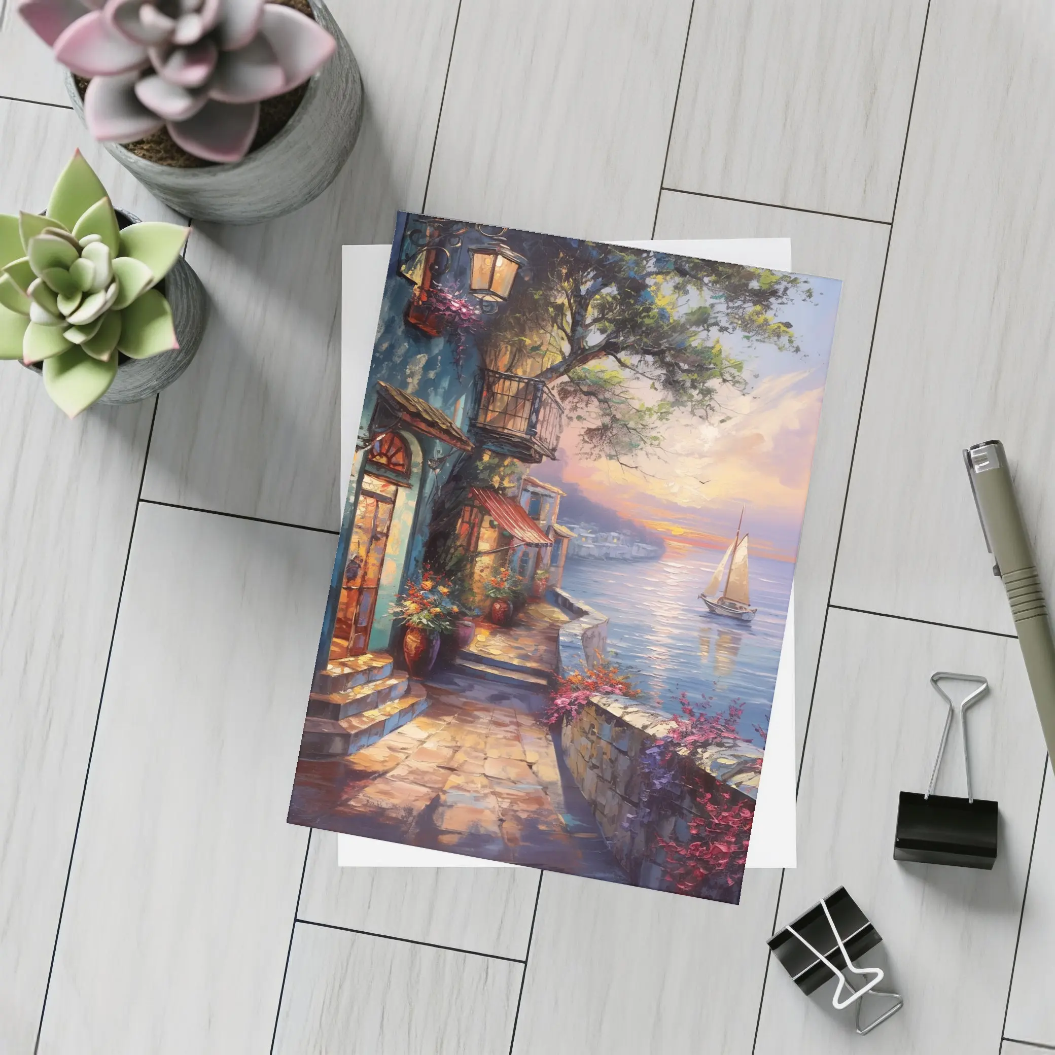 Mediterranean Coastal Village Sunset Sailboat Painting – Postcards