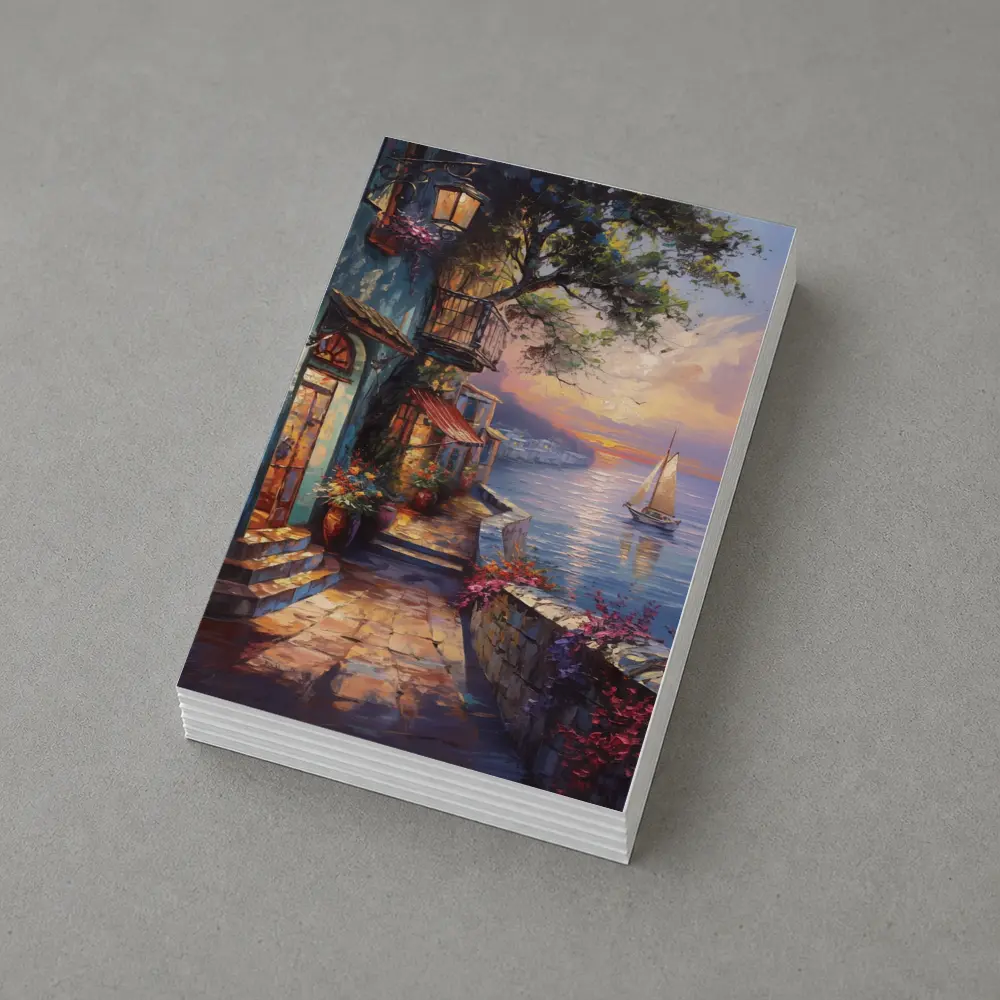 Mediterranean Coastal Village Sunset Sailboat Painting – Postcards