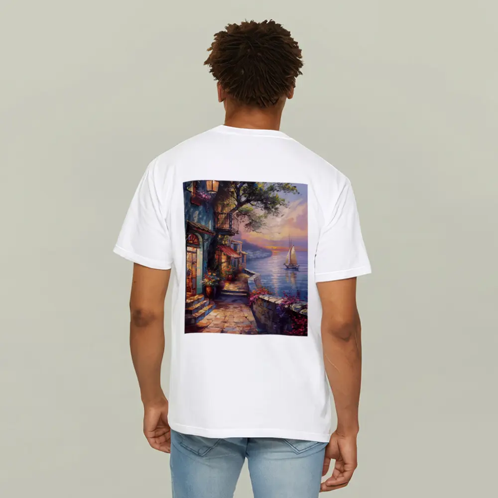 Mediterranean Coastal Village Sunset Sailboat Painting – T-Shirts