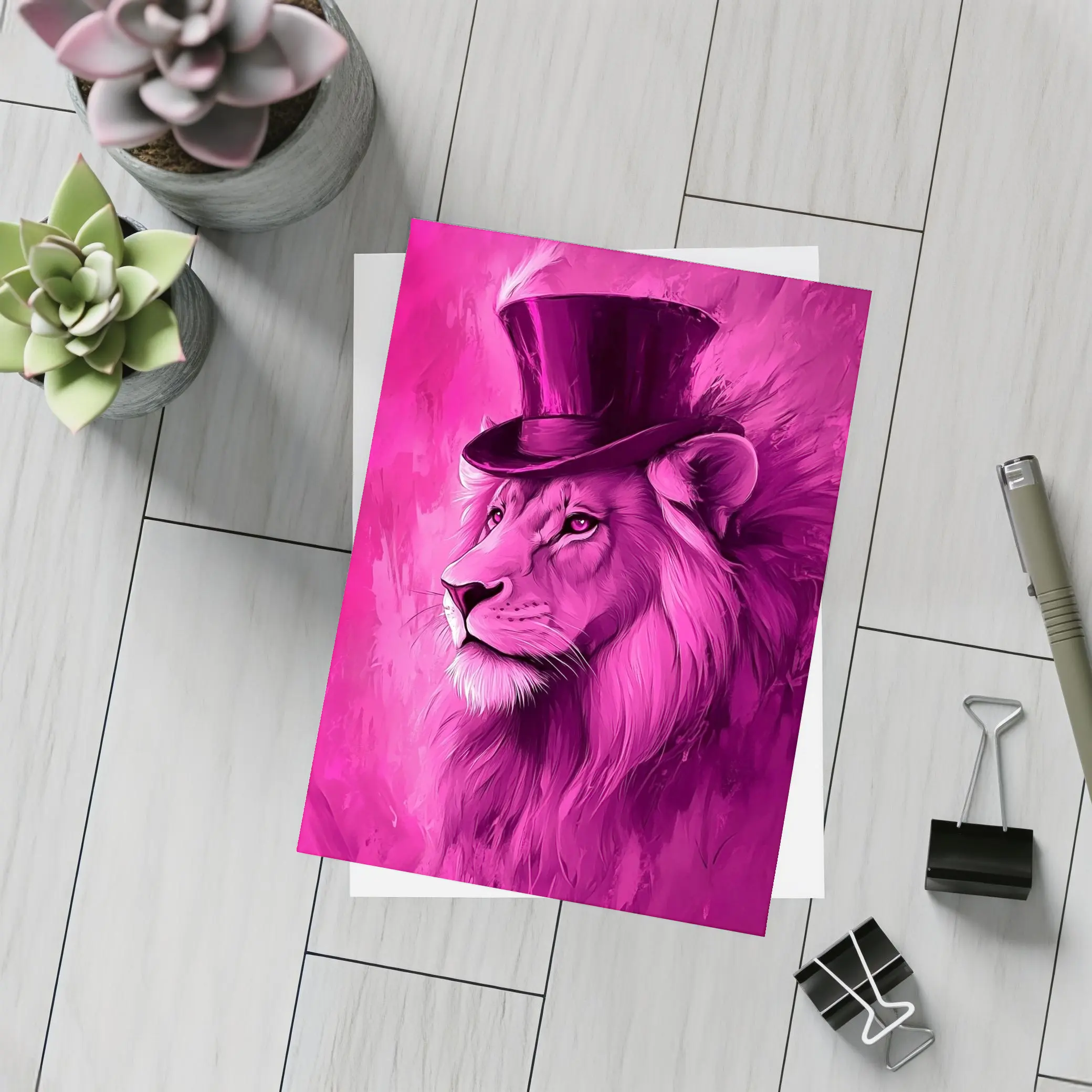 Pink Lion Top Hat Magenta Art – Postcards