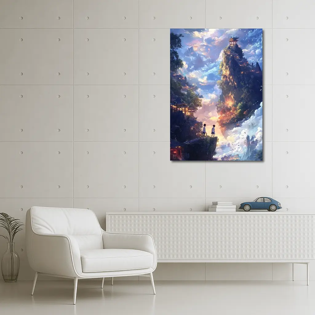 Anime Children Floating Mountain Sky Fantasy – Wall Art