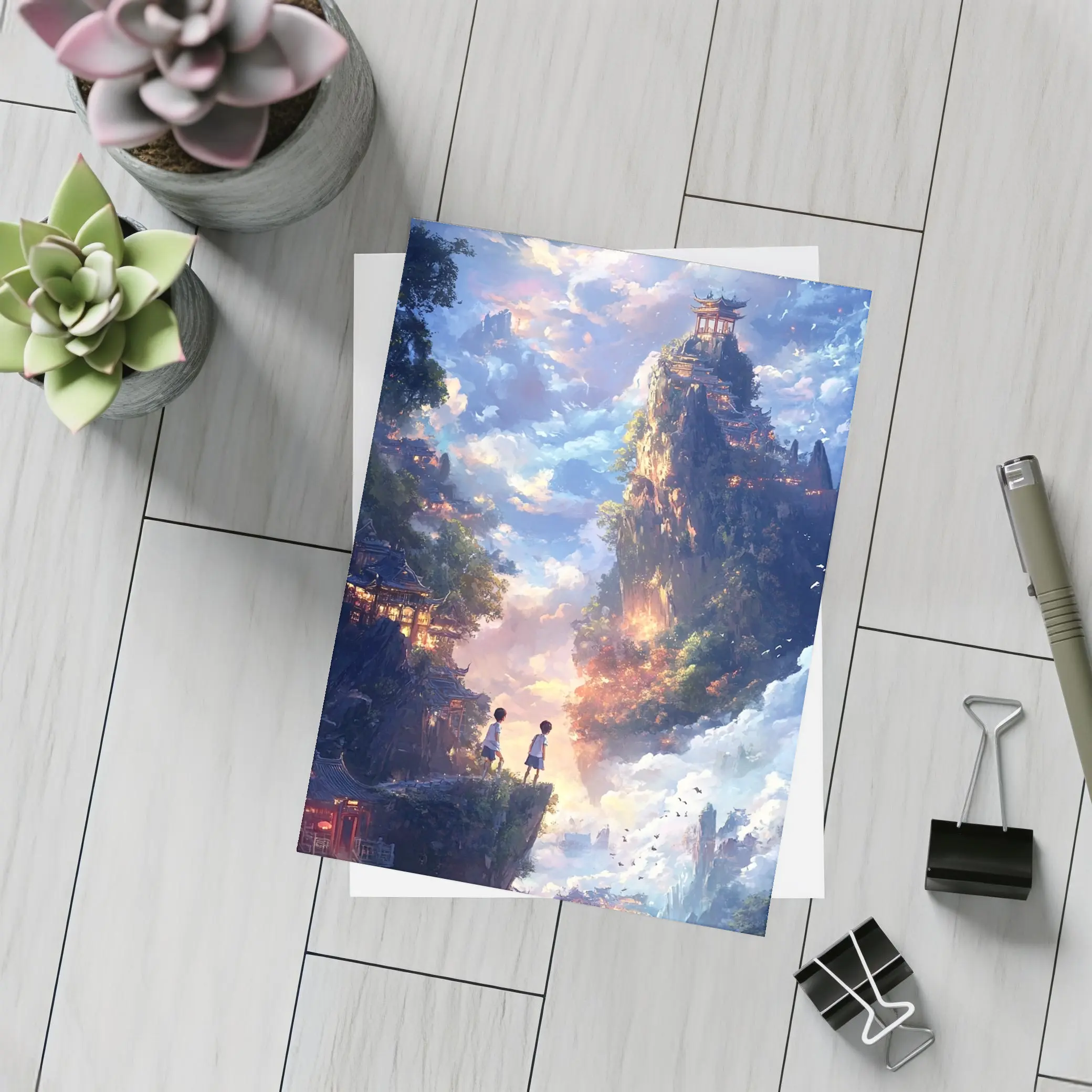 Anime Children Floating Mountain Sky Fantasy – Postcards