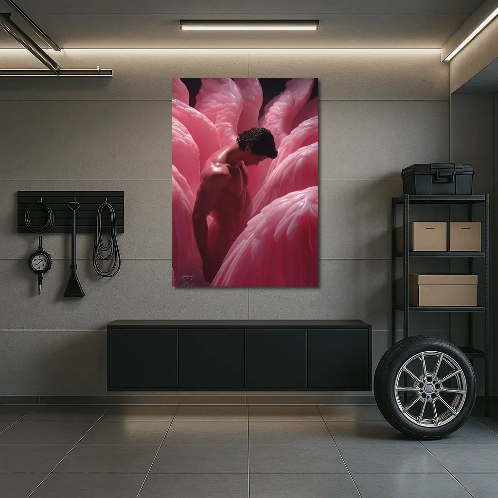 Nude Man Among Pink Flamingo Wings – Wall Art