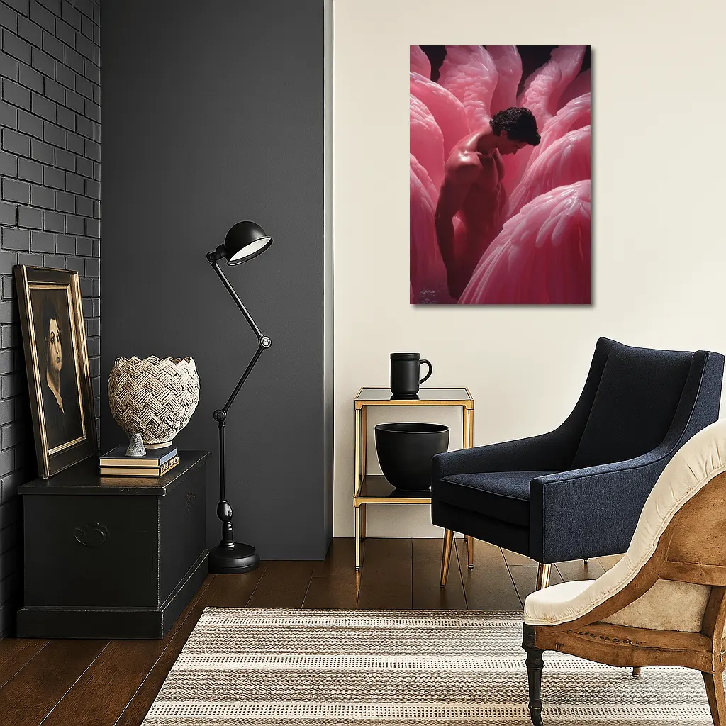 Nude Man Among Pink Flamingo Wings – Wall Art