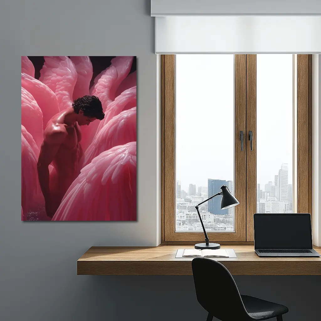 Nude Man Among Pink Flamingo Wings – Wall Art