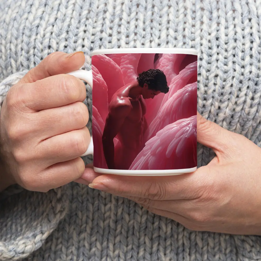 Nude Man Among Pink Flamingo Wings – Mugs