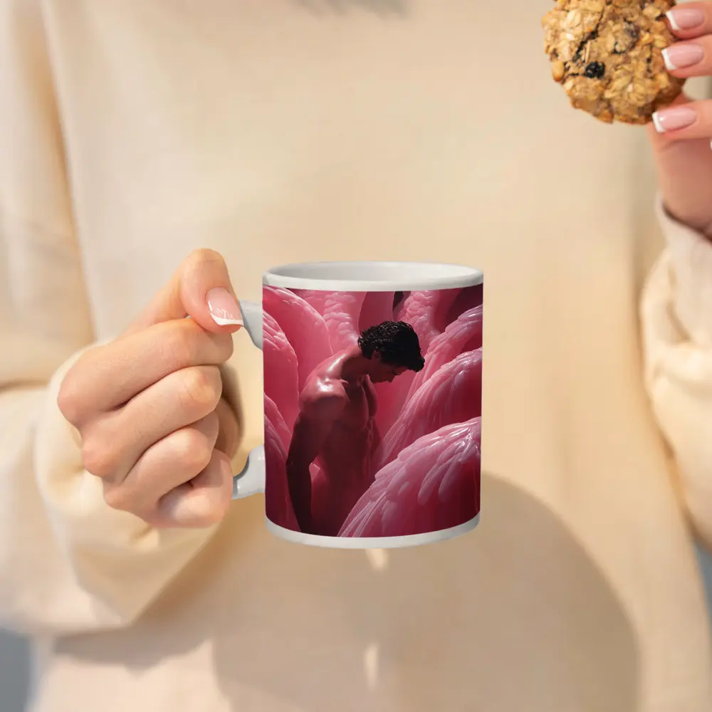 Nude Man Among Pink Flamingo Wings – Mugs