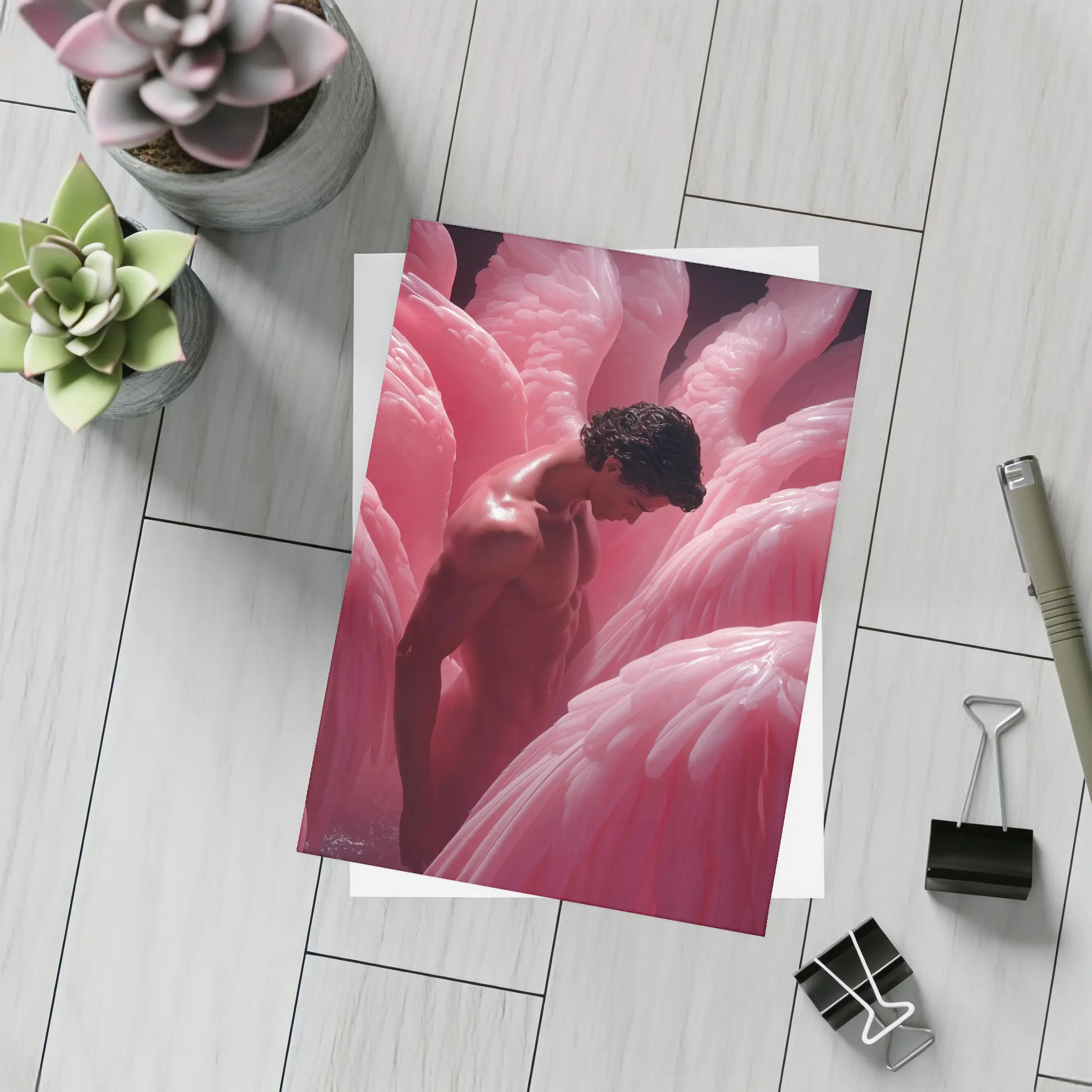 Nude Man Among Pink Flamingo Wings – Postcards