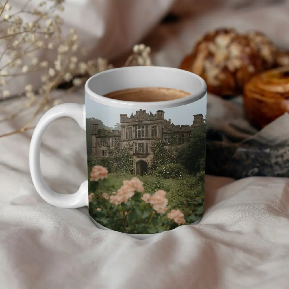 English Manor House Overgrown Rose Garden Fog – Mugs