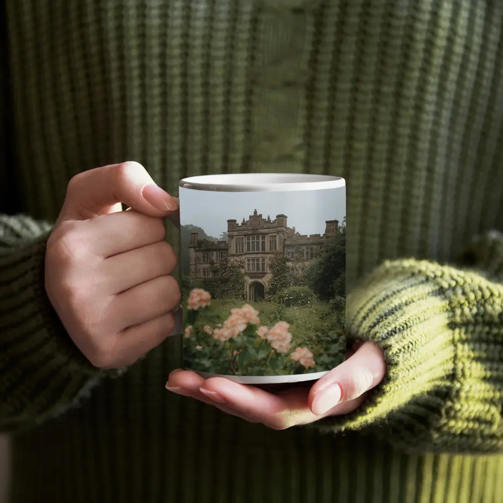 English Manor House Overgrown Rose Garden Fog – Mugs