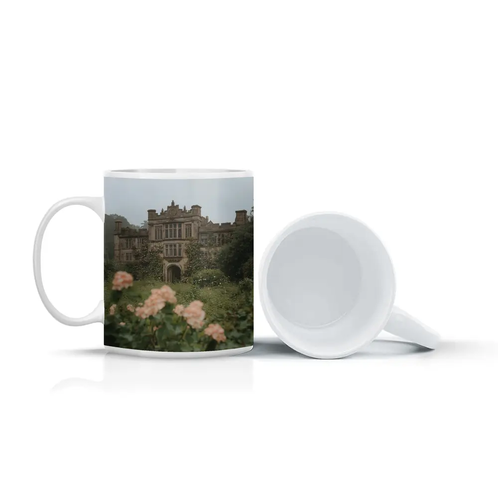 English Manor House Overgrown Rose Garden Fog – Mugs