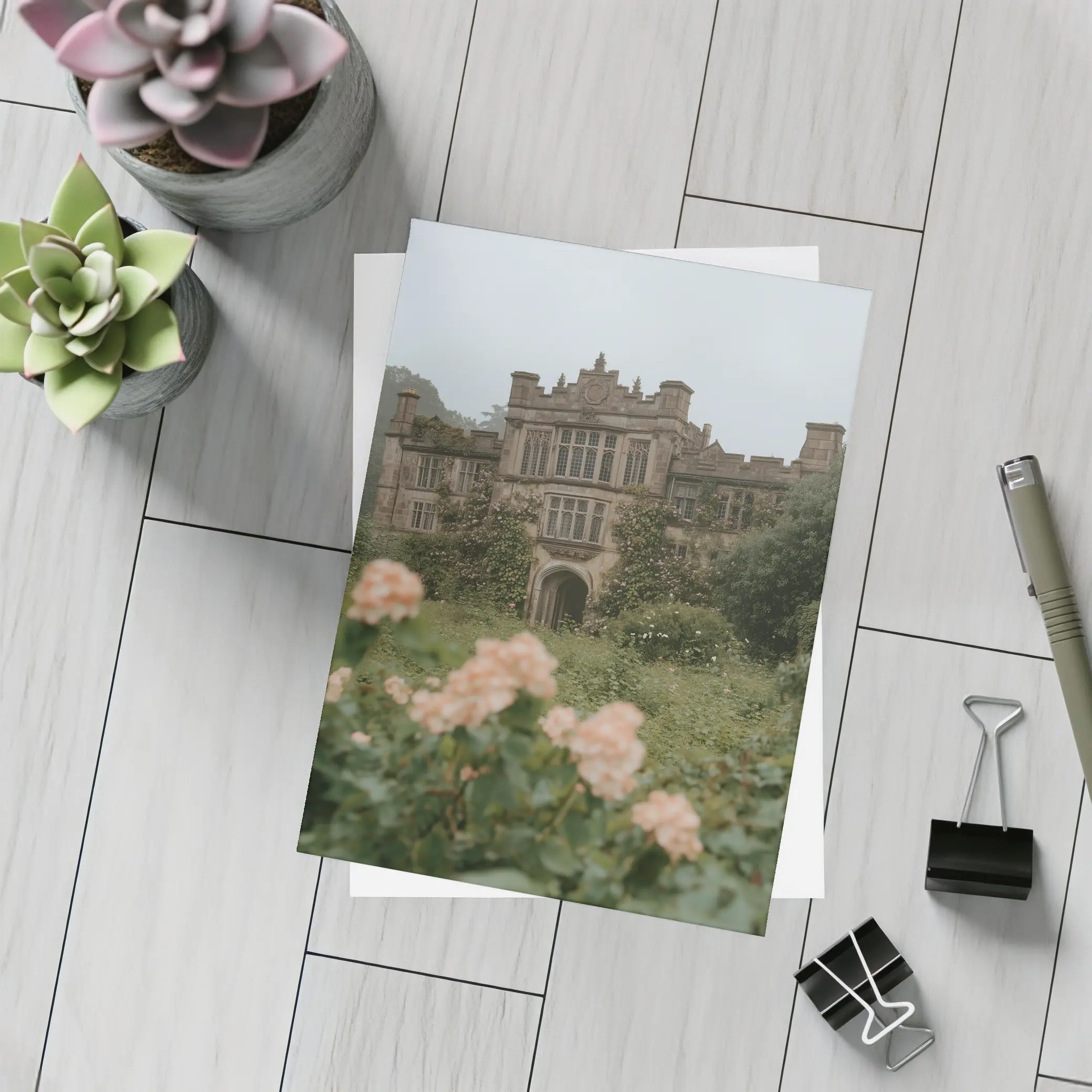 English Manor House Overgrown Rose Garden Fog – Postcards