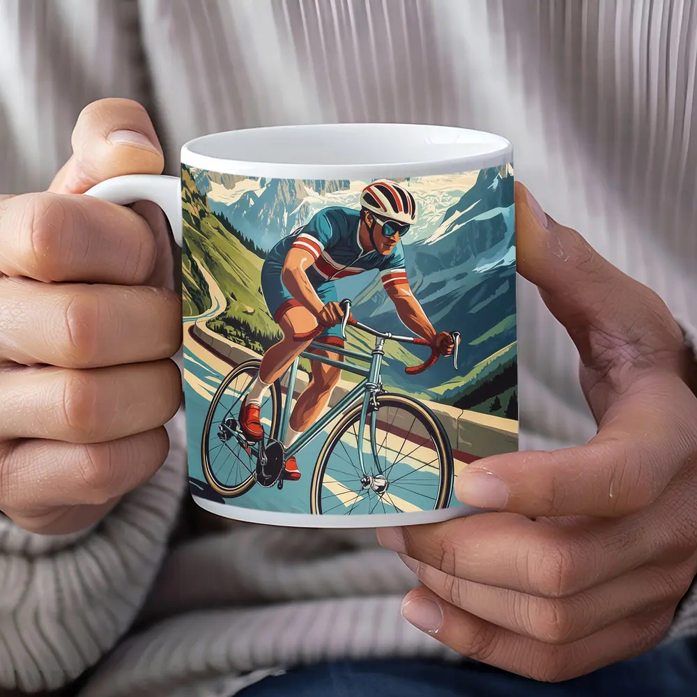 Road Cyclist Racing Through Alpine Mountain Pass – Mugs