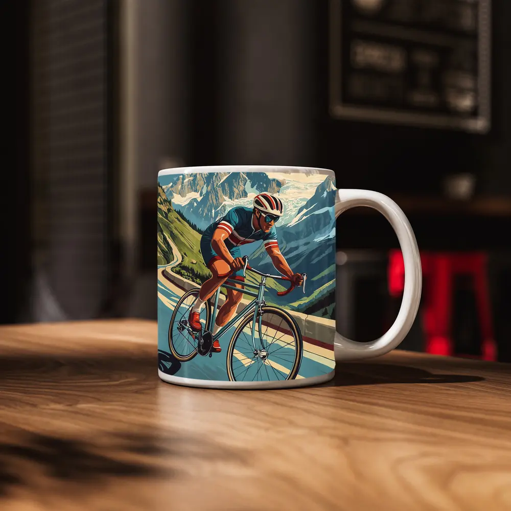 Road Cyclist Racing Through Alpine Mountain Pass – Mugs