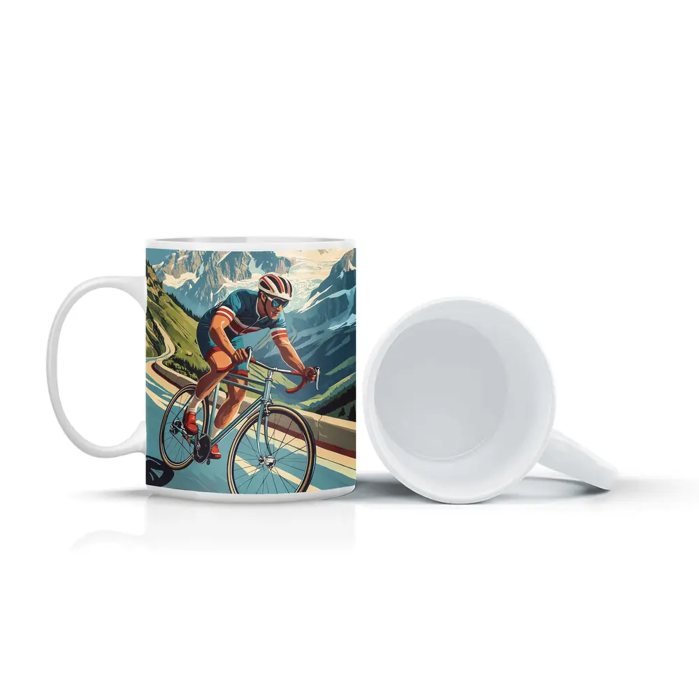 Road Cyclist Racing Through Alpine Mountain Pass – Mugs