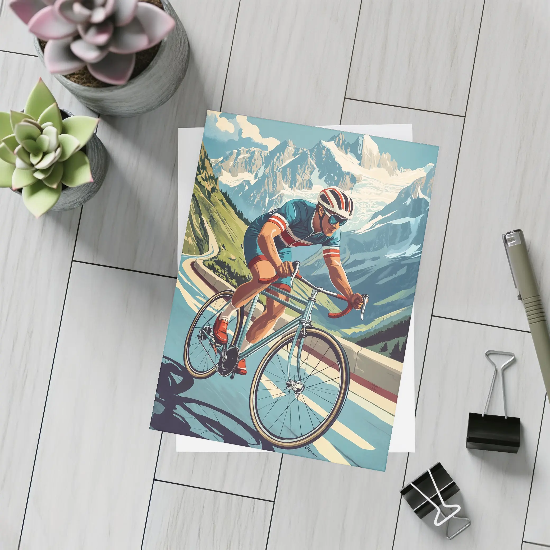 Road Cyclist Racing Through Alpine Mountain Pass – Postcards