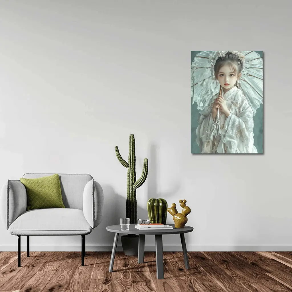 Chinese Girl White Hanfu Parasol Teal Background – Wall Art