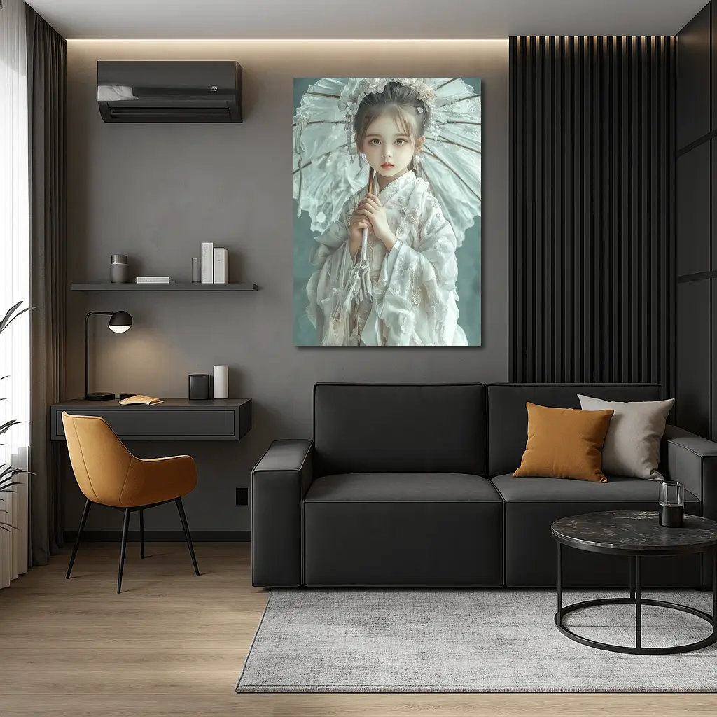 Chinese Girl White Hanfu Parasol Teal Background – Wall Art