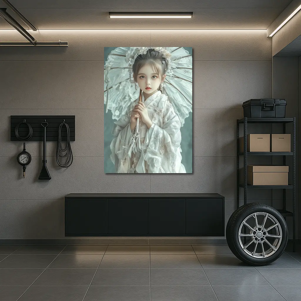 Chinese Girl White Hanfu Parasol Teal Background – Wall Art