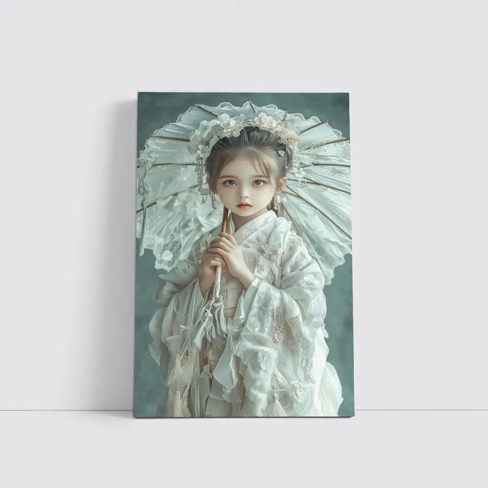 Chinese Girl White Hanfu Parasol Teal Background – Wall Art