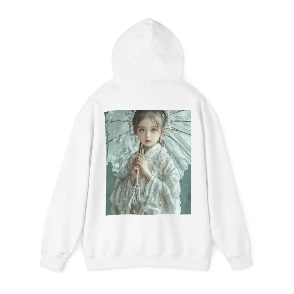 Chinese Girl White Hanfu Parasol Teal Background – Hoodies