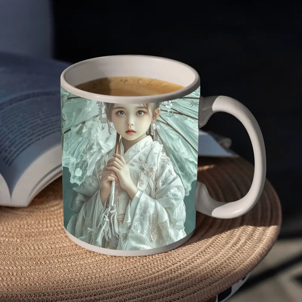 Chinese Girl White Hanfu Parasol Teal Background – Mugs
