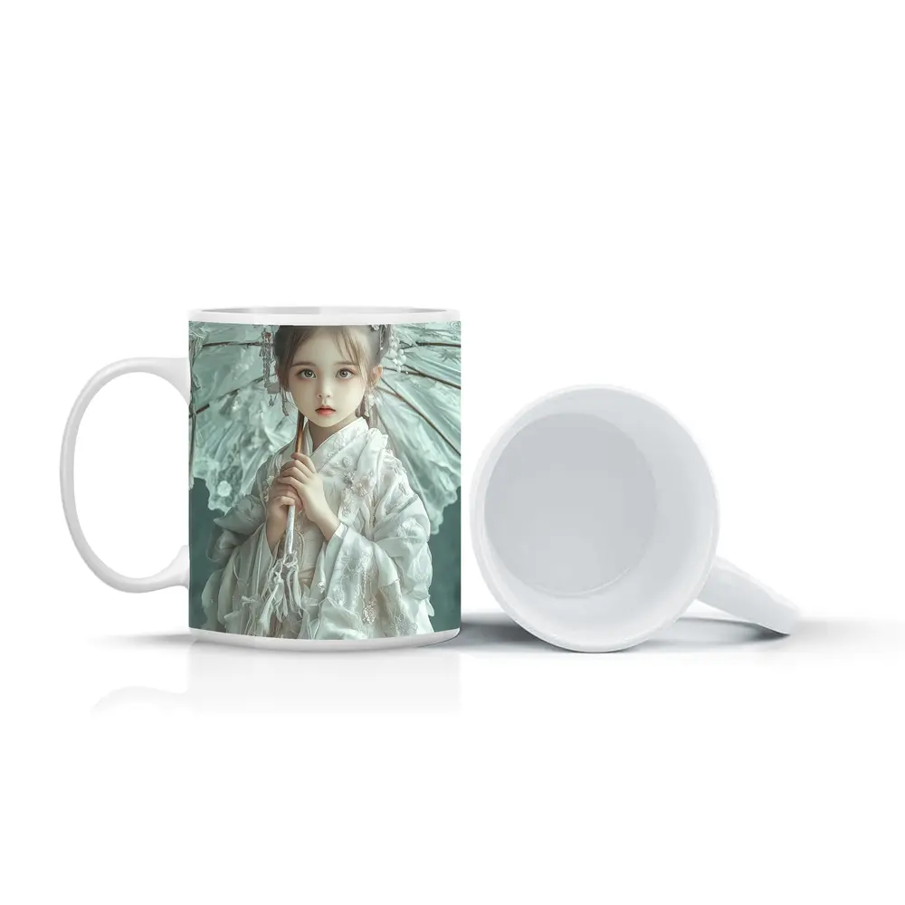 Chinese Girl White Hanfu Parasol Teal Background – Mugs
