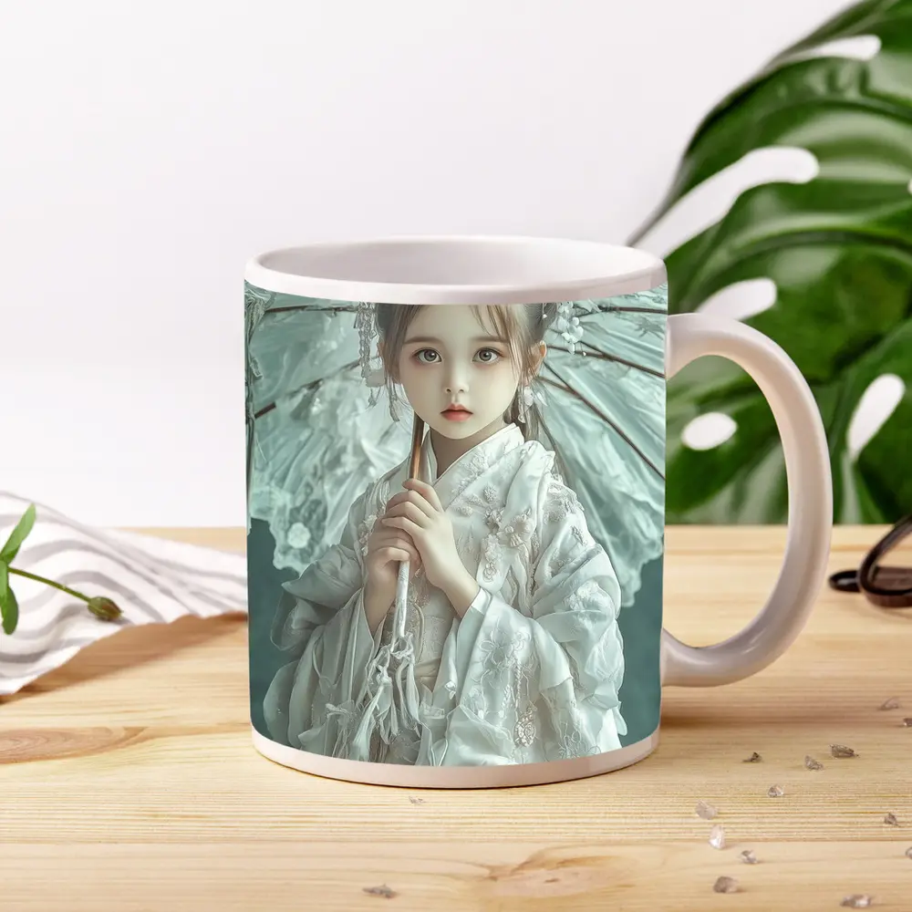 Chinese Girl White Hanfu Parasol Teal Background – Mugs