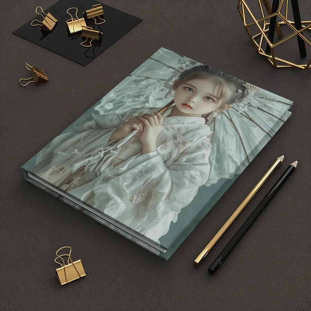 Chinese Girl White Hanfu Parasol Teal Background – Notebooks