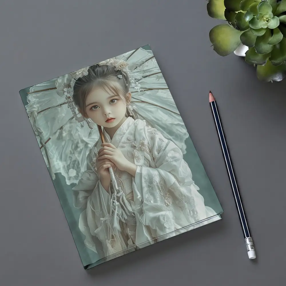 Chinese Girl White Hanfu Parasol Teal Background – Notebooks