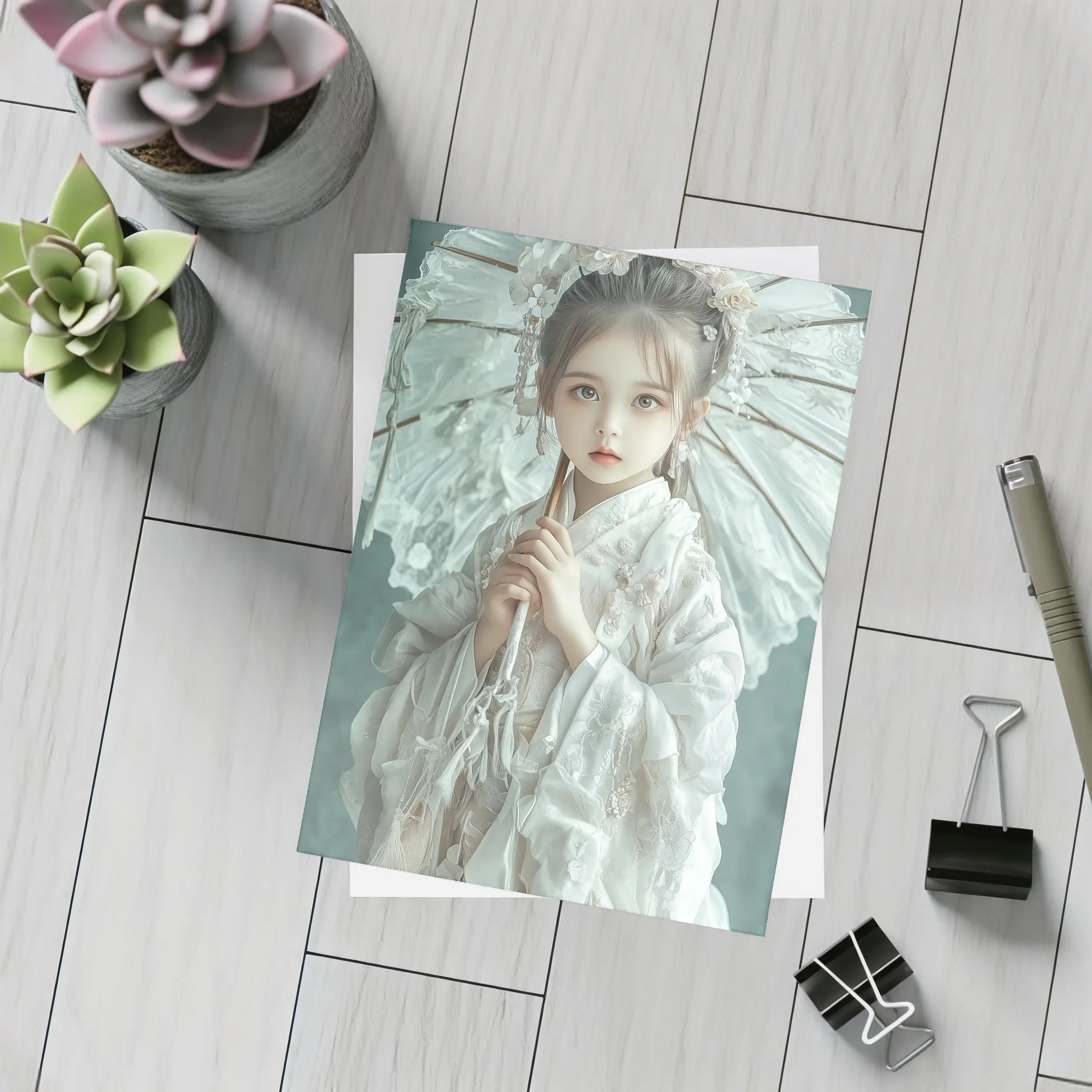 Chinese Girl White Hanfu Parasol Teal Background – Postcards