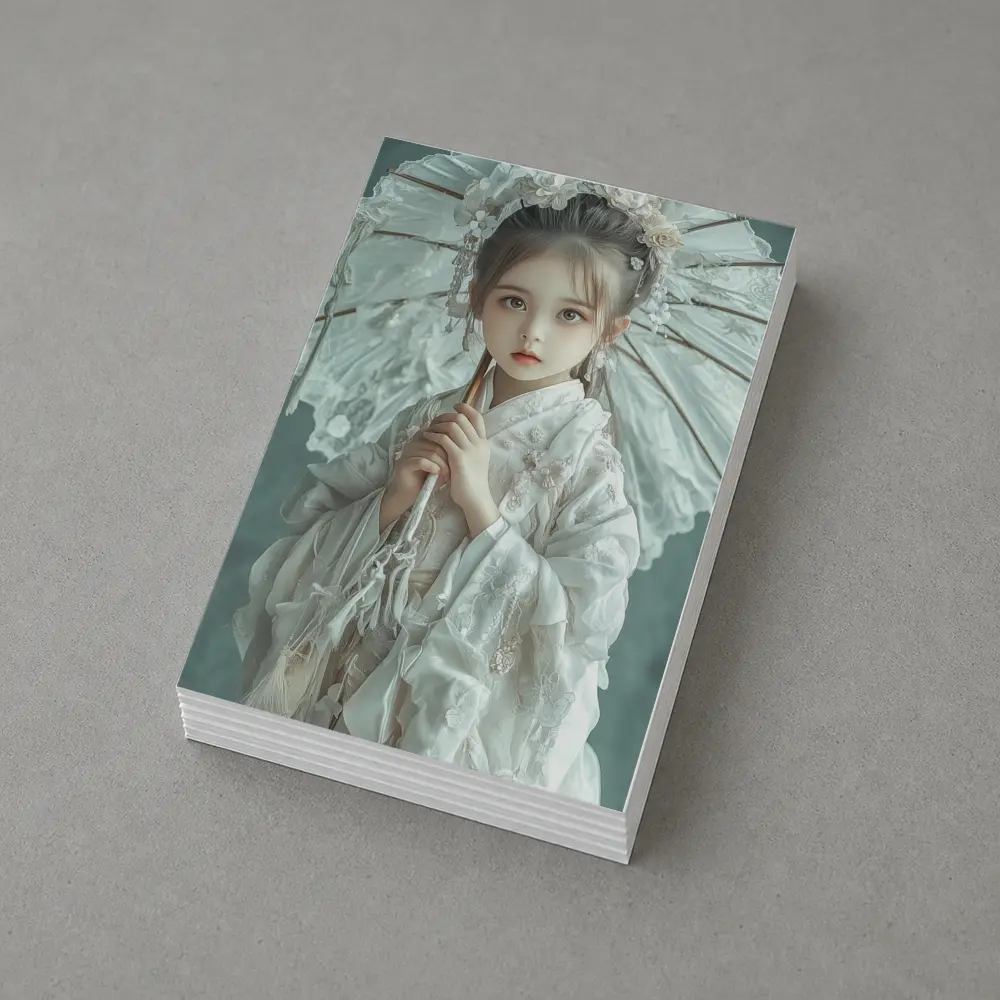Chinese Girl White Hanfu Parasol Teal Background – Postcards