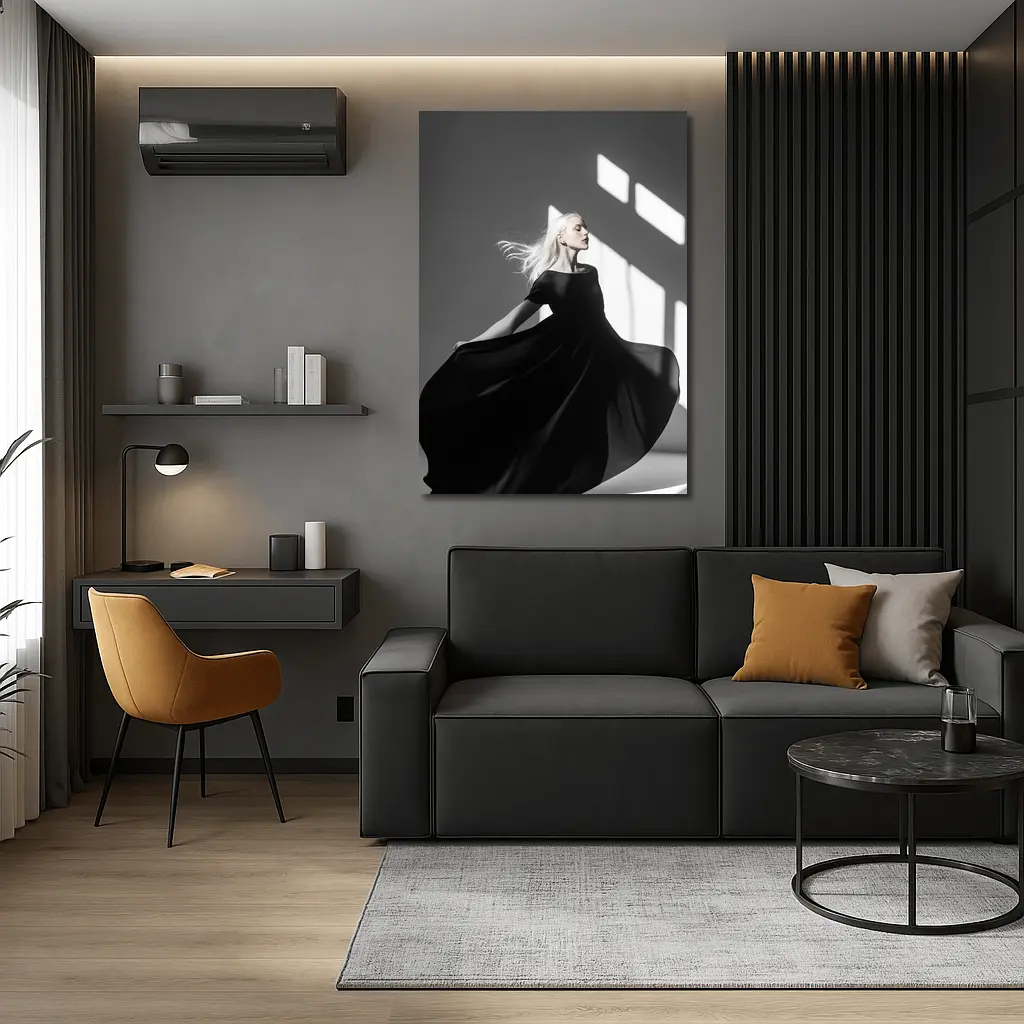 Woman Black Dress Dancing Gray Studio – Wall Art