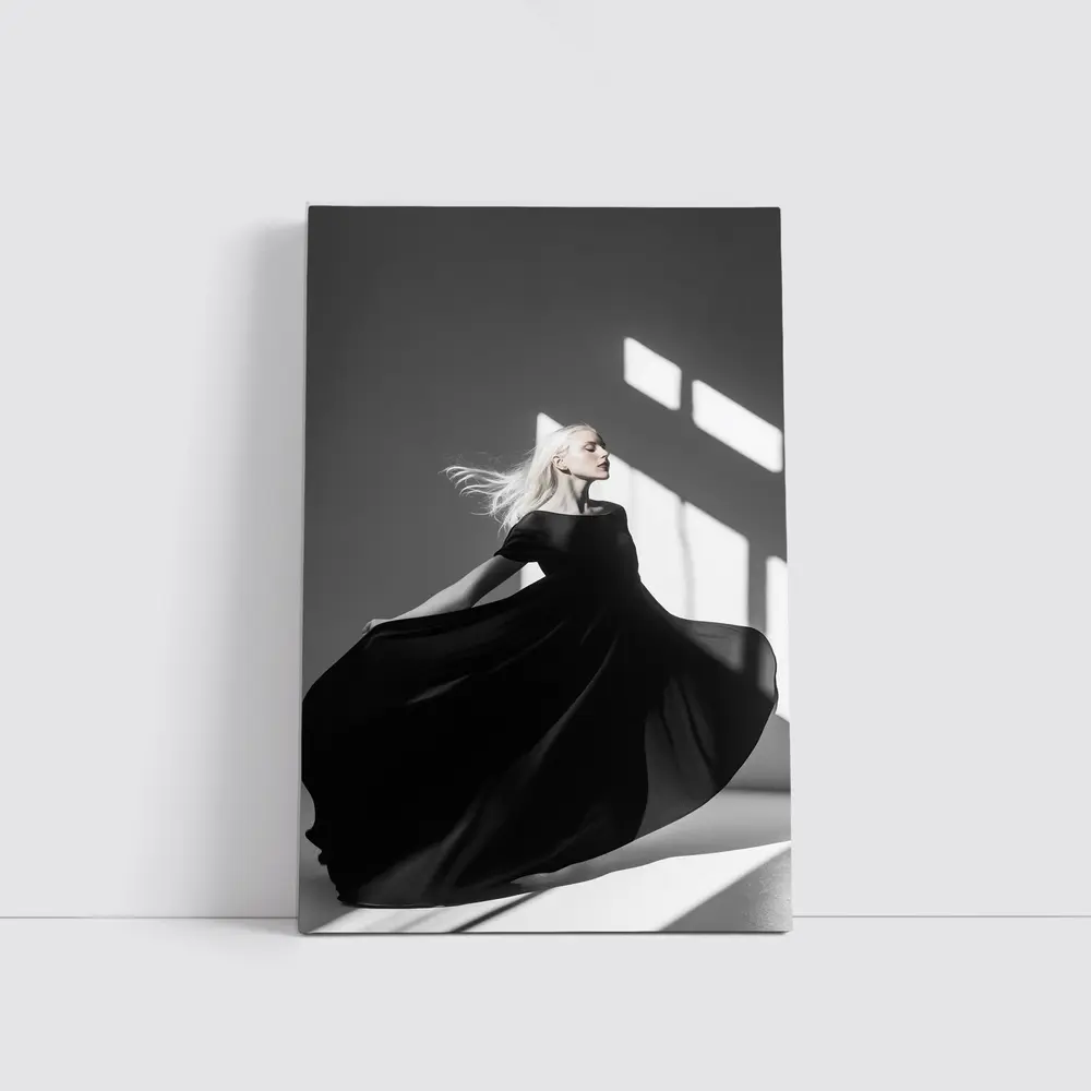 Woman Black Dress Dancing Gray Studio – Wall Art