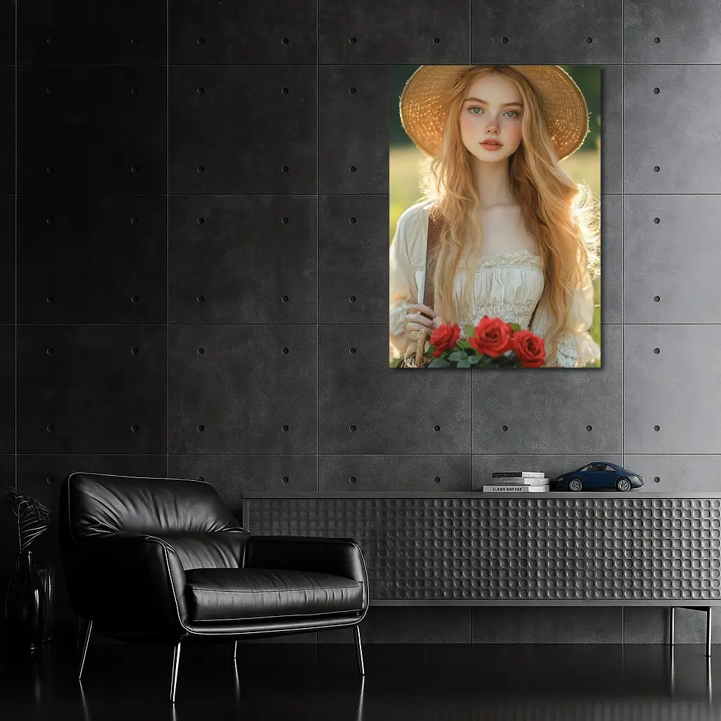 Young Woman Roses Basket Sunny Field – Wall Art