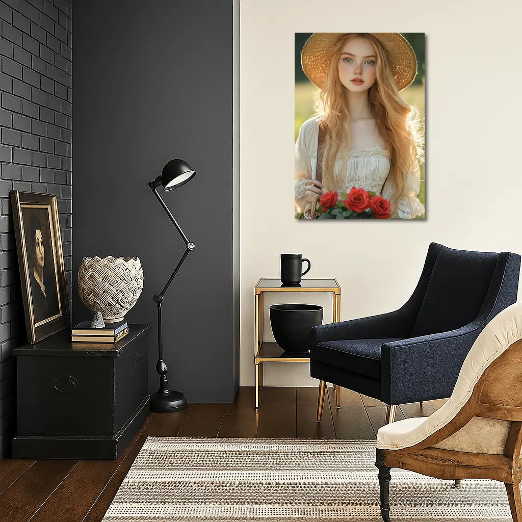 Young Woman Roses Basket Sunny Field – Wall Art
