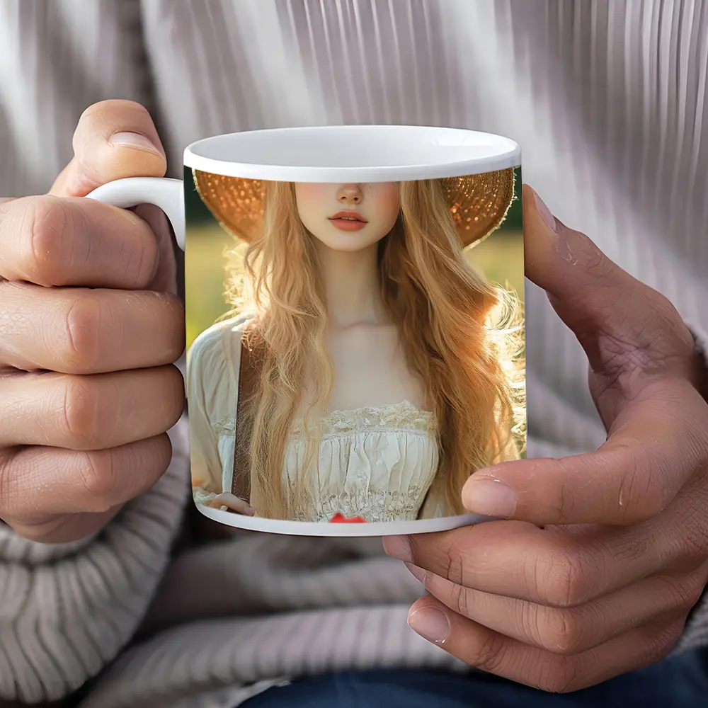 Young Woman Roses Basket Sunny Field – Mugs